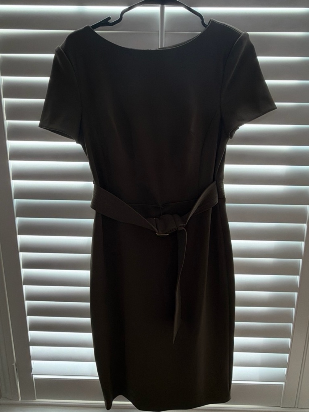Calvin Klein Dark Olive Short-Sleeve Belted Midi Dress